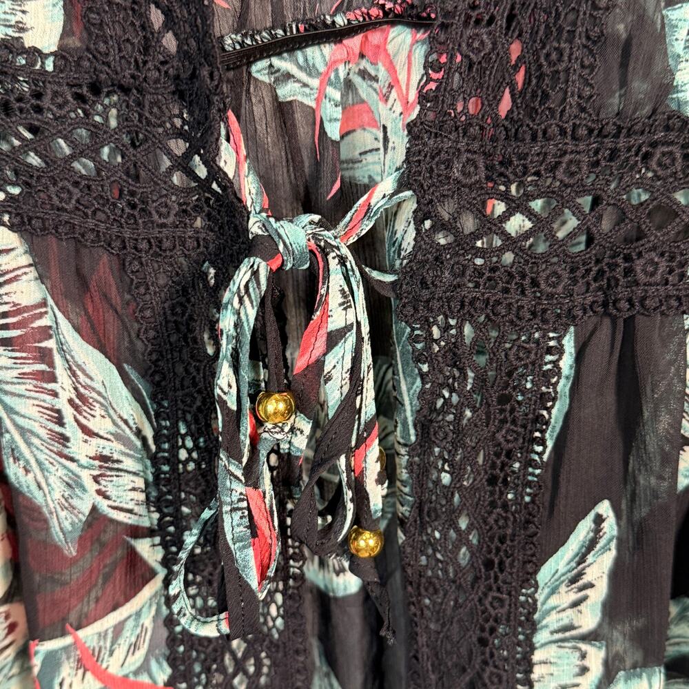 Miken Juniors' Crochet-Trim Kimono Cover-Up black/wild watermelon XS - Picture 3 of 6
